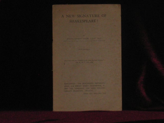 Item #07815 A New Signature of Shakespeare? Joseph Quincy Adams, PhD.