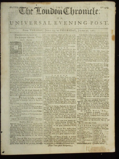 Item #07818 The London Chronicle or, Universal Evening Post. J. At the Bible Wilkie, Sold by.