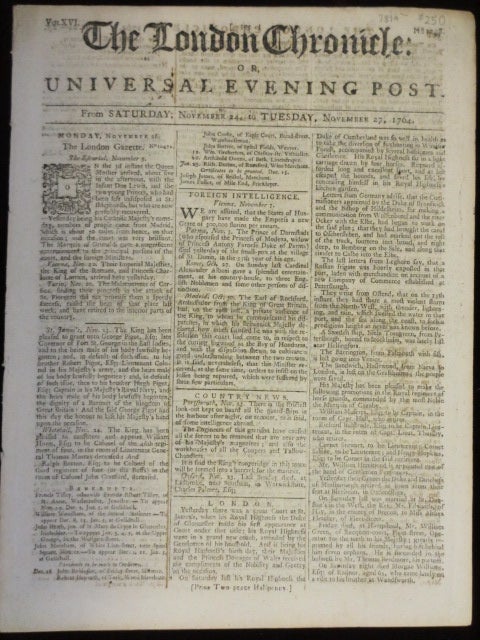 Item #07819 The London Chronicle or, Universal Evening Post. J. At the Bible Wilkie, Sold by.