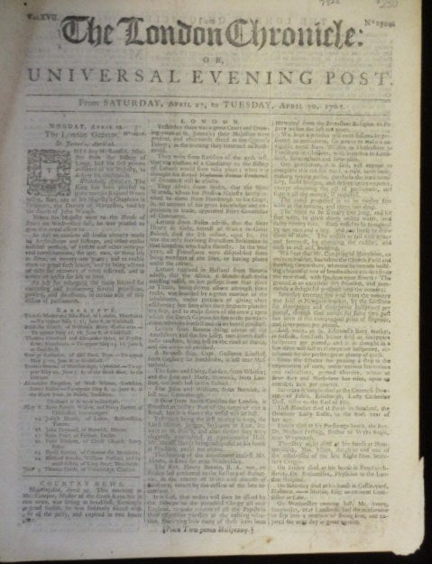 Item #07822 The London Chronicle or, Universal Evening Post. J. At the Bible Wilkie, Sold by.