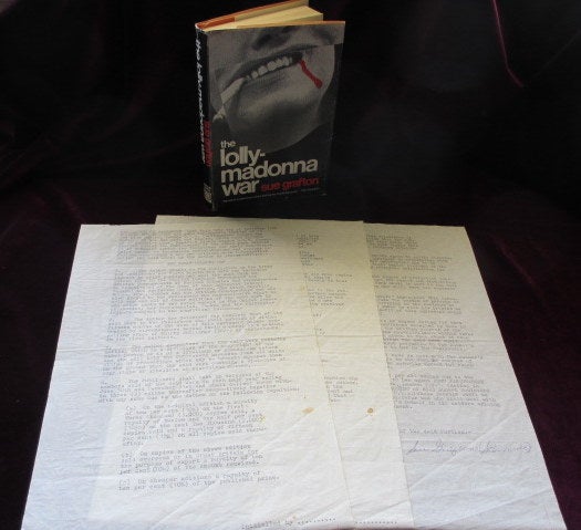 Item #08408 THE LOLLY-MADONNA WAR with Original Publisher's Contract for Book. Sue GRAFTON, SIGNED.