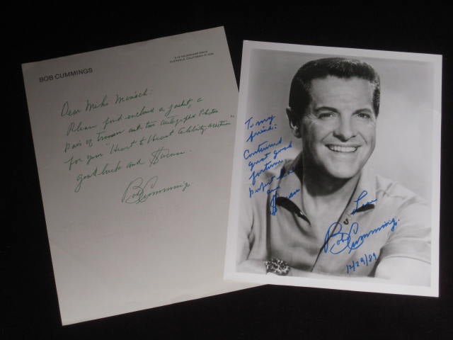 Item #09030 Autograph Letter Signed [together with] 8" x 10" Photo Inscribed [together with] Jacket and Trousers Donated By Bob Cummings. Bob CUMMINGS.
