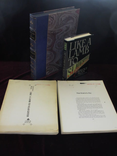 Item #3418 LIKE A LAMB TO SLAUGHTER (Inscribed), with the Corrected Typescript of 10 of the Stories and with the Master Set of 1st Pass Proofs, Unbound. Lawrence Block, SIGNED.