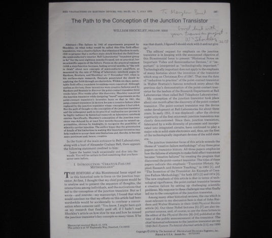 Item #6311 THE PATH TO THE CONCEPTION OF THE JUNCTION TRANSISTOR. William Shockley, SIGNED.