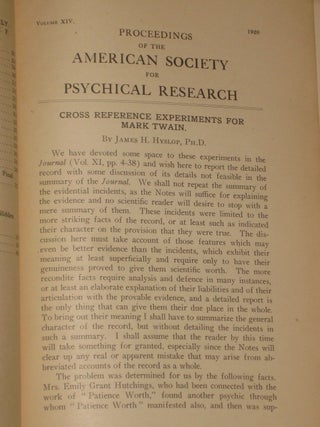 CROSS REFERENCE EXPERIMENTS FOR MARK TWAIN In Proceedings of the American Society for Psychical Research, Volume XIV, Pp. 1-225